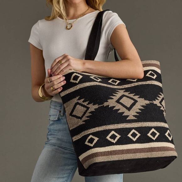 Western Boho Aztec Woven Cotton Shopper Tote Black Taupe Cream Brown Pom Tassel - Picture 2 of 4